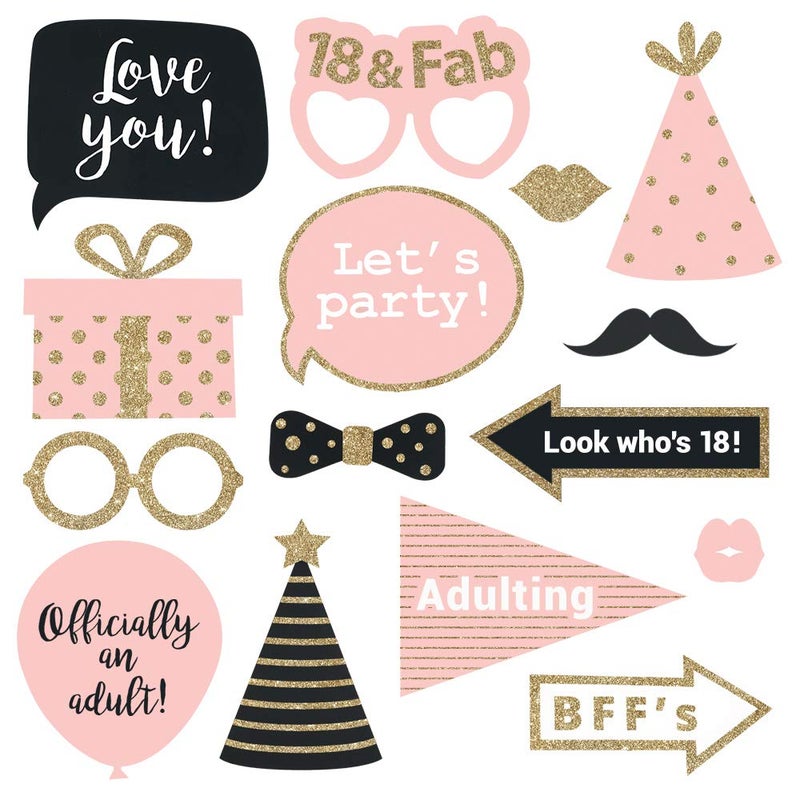 Perfect Occasion Fully Assembled 18th Birthday Photo Booth Props - Set of 30 - Pink & Gold Selfie Signs - 18th Party Supplies & Decorations - Cute Bday Designs with Real Glitter - Did We Mention No DIY - Image 5